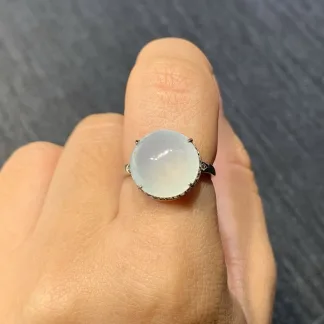 Icy Glowing Natural Jadeite Cabochon Ring — S925 Silver · No. 084C