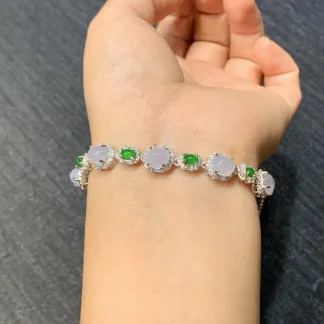 High-Icy Lavender and Vivid Green Natural Jadeite Cabochon Bracelet — S925 Silver · No. AA7E