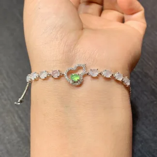 High-Icy Glowing Gourd Natural Jadeite Cabochon Bracelet — S925 Silver · No. 4BEB