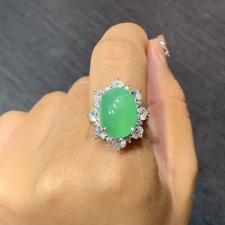 High-Icy Vivid Green Natural Jadeite Cabochon Ring — S925 Silver · No. C26F