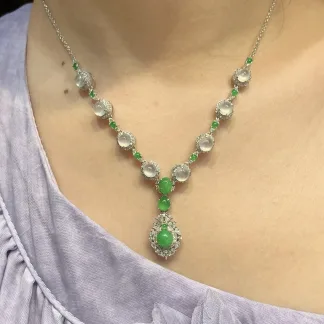 High-Icy Glowing White and Green Natural Jadeite Cabochon Necklace — S925 Silver · No. 1A83