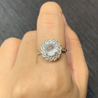 High-Icy Glowing Natural Jadeite Cabochon Ring — S925 Silver · No. F08B