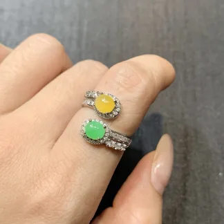 High-Icy Honey Yellow Cabochon and High-Icy Fresh Green Natural Jadeite Cabochon Ring — S925 Silver · No. B6AF