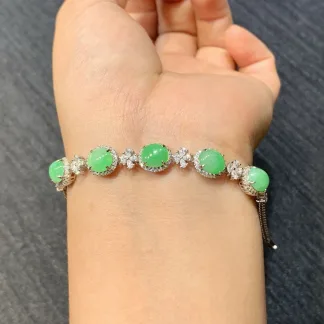 Icy Vivid Green Natural Jadeite Cabochon Bracelet — S925 Silver · No. B967