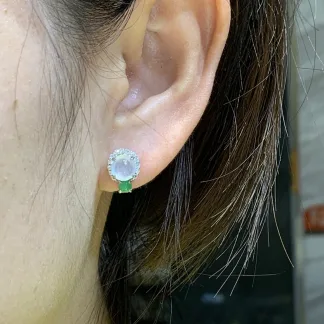 High-Icy Glowing Natural Jadeite Cabochon Stud Earrings — S925 Silver · No. F4FD