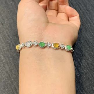 High-Icy Multicolor Natural Jadeite Cabochon Bracelet — S925 Silver · No. 2FF5