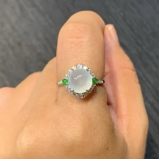 High-Icy Glowing Natural Jadeite Cabochon Ring — S925 Silver · No. 7781