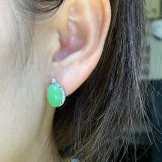 Icy Vivid Green Natural Jadeite Cabochon Stud Earrings — S925 Silver · No. 2E2C