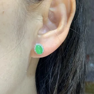 Icy Vivid Green Natural Jadeite Cabochon Stud Earrings — S925 Silver · No. 6E8D
