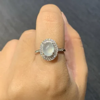 High-Icy Glowing Natural Jadeite Cabochon Ring — S925 Silver · No. DE36