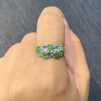 Icy Vivid Green Natural Jadeite Multi-Stone Cabochon Band — S925 Silver · No. 17EF