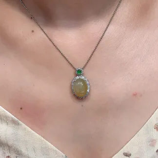 High-Icy Honey Yellow Natural Jadeite Cabochon Pendant — S925 Silver · No. A1F2