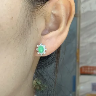 High-Icy Soft Vivid Green Natural Jadeite Cabochon Stud Earrings — S925 Silver · No. 2AAA