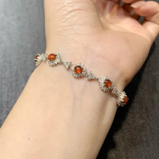 High-Icy Russet Red Natural Jadeite Cabochon Bracelet — S925 Silver · No. 1335