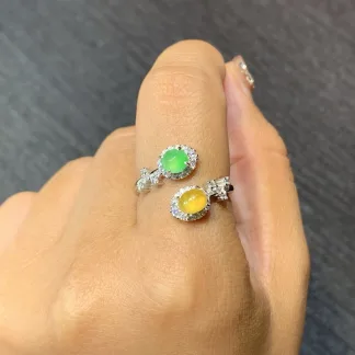 High-Icy Yellow and Green Natural Jadeite Cabochon Ring — S925 Silver · No. ADFE