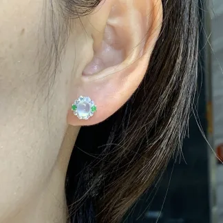 High-Icy Glowing Natural Jadeite Cabochon Stud Earrings — S925 Silver · No. 8D63