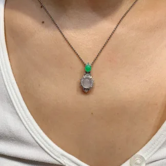 High-Icy Glowing White and Green Natural Jadeite Cabochon Pendant — S925 Silver · No. 05DD