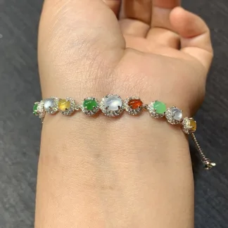 High-Icy Multicolor Natural Jadeite Cabochon Bracelet — S925 Silver · No. ABF3