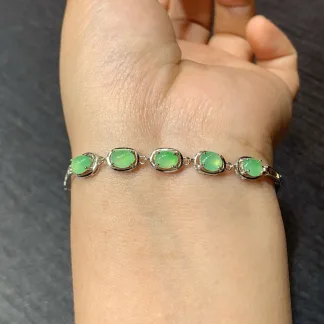 High-Icy Soft Green Natural Jadeite Cabochon Bracelet — S925 Silver · No. 608E