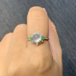 High-Icy Mottled Natural Jadeite Cabochon Ring — S925 Silver · No. 801C