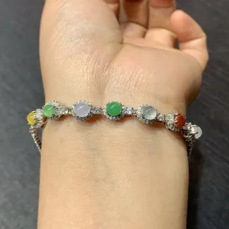 High-Icy Multicolor Natural Jadeite Cabochon Bracelet — S925 Silver · No. F281