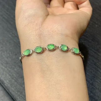 Icy Soft Green Natural Jadeite Cabochon Bracelet — S925 Silver · No. A62D