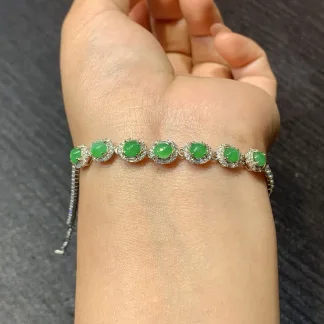 High-Icy Vivid Green Natural Jadeite Cabochon Bracelet — S925 Silver · No. E8B6
