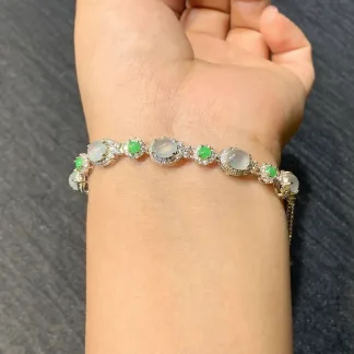 High-Icy Glowing Natural Jadeite Cabochon Bracelet — S925 Silver · No. 3BB1