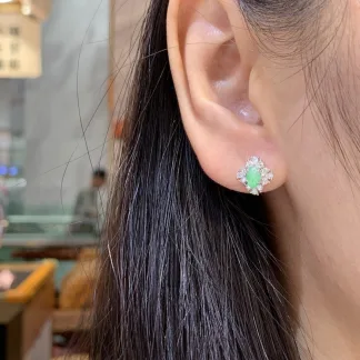 Icy Vivid Green Natural Jadeite Cabochon Stud Earrings — S925 Silver · No. 1301