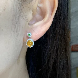 High-Icy Orange Honey Yellow Natural Jadeite Cabochon Drop Earrings — S925 Silver · No. 0A19