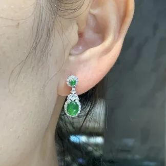 Intense Green Natural Jadeite Cabochon Drop Earrings — S925 Silver · No. 9C49