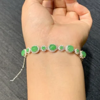 High-Icy Vivid Green Natural Jadeite Cabochon Bracelet — S925 Silver · No. 0CAC