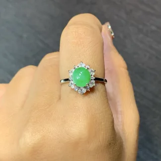 Icy Vivid Green Natural Jadeite Cabochon Ring — S925 Silver · No. 567E