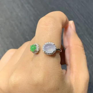 High-Icy White and Vivid Green Natural Jadeite Cabochon Ring — S925 Silver · No. 97D6