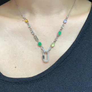 High-Icy Multicolor Natural Jadeite Convertible Cabochon Chain — S925 Silver · No. DD7C