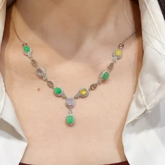 High-Icy Multicolor Natural Jadeite Cabochon Necklace — S925 Silver · No. 8D2A