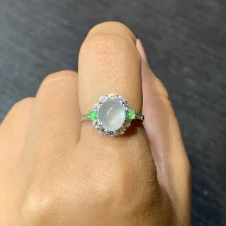 High-Icy Glowing Natural Jadeite Cabochon Ring — S925 Silver · No. DED8