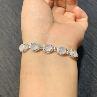 High-Icy Glowing Natural Jadeite Cabochon Bracelet — S925 Silver · No. 026B