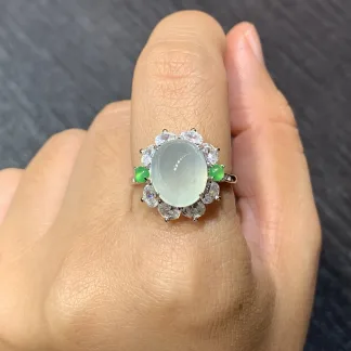 Icy Glowing White Natural Jadeite Cabochon Ring — S925 Silver · No. 422E