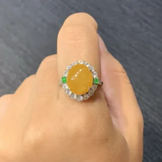 Icy Honey Yellow Natural Jadeite Cabochon Ring — S925 Silver · No. FBFF
