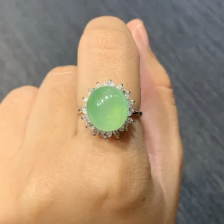 Icy Clear Natural Jadeite Cabochon Ring — S925 Silver · No. 0DAB
