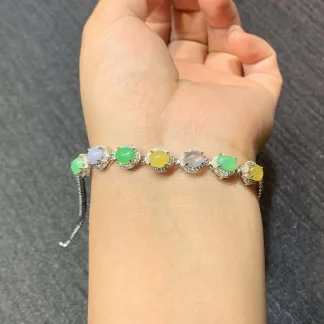 High-Icy Multicolor Natural Jadeite Cabochon Bracelet — S925 Silver · No. A159