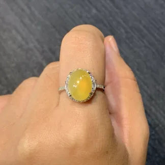 High-Icy Honey Yellow Natural Jadeite Cabochon Ring — S925 Silver · No. 7AB7
