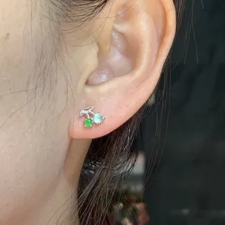 High-Icy Glowing Cherry Natural Jadeite Cabochon Stud Earrings — S925 Silver · No. 358F