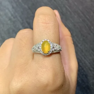High-Icy Honey Yellow Natural Jadeite Cabochon Ring — S925 Silver · No. 733A