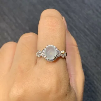 High-Icy Glowing Natural Jadeite Cabochon Ring — S925 Silver · No. 6839
