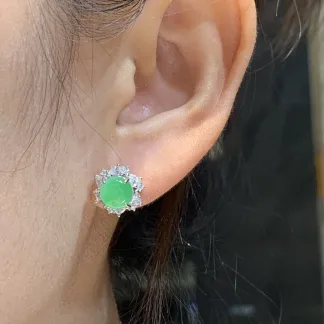High-Icy Soft Vivid Green Natural Jadeite Cabochon Stud Earrings — S925 Silver · No. 6344