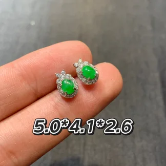 Soft Vivid Green Natural Jadeite Cabochon Stud Earrings — S925 Silver · No. BB0A