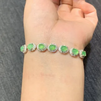Icy Vivid Green Natural Jadeite Cabochon Bracelet — S925 Silver · No. 7B3B