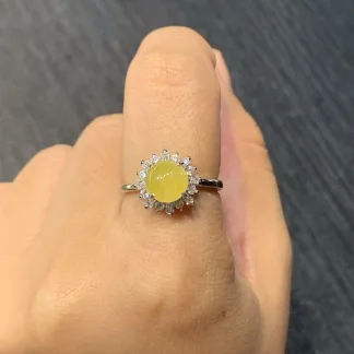Icy Honey Yellow Natural Jadeite Cabochon Ring — S925 Silver · No. 13C6